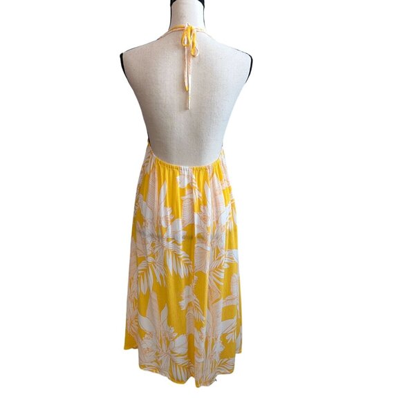Yellow & White Tropical Halter Dress | Deep V-Neck | Open Back | Size 4-6 - Picture 4 of 9